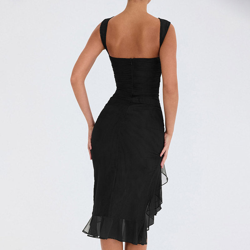 Mesh Crew Neck Sleeveless Ruched Ruffle Hem Midi Dress 3