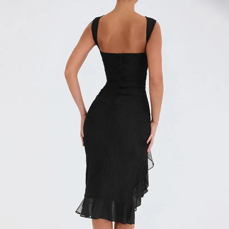 Sexy Mesh Ruched Crew Neck Sleeveless Bodycon Ruffle Cocktail Midi Dress - Black  Fashionpara