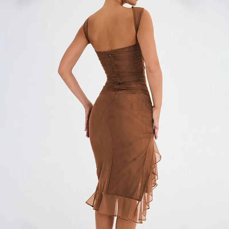 Sexy Mesh Ruched Crew Neck Sleeveless Bodycon Ruffle Cocktail Midi Dress - Brown  Fashionpara