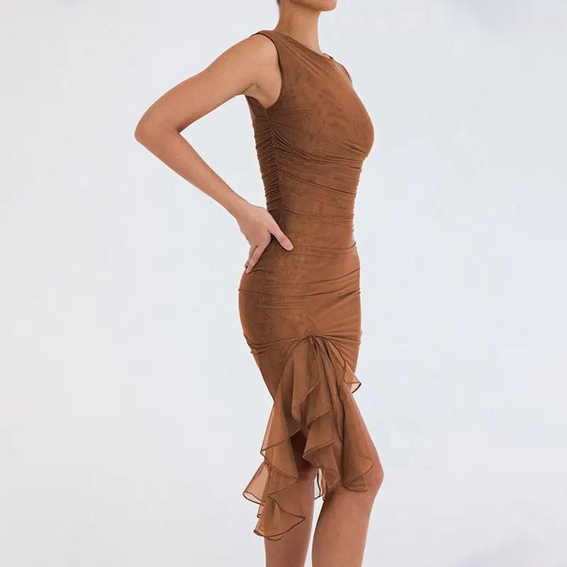 Sexy Mesh Ruched Crew Neck Sleeveless Bodycon Ruffle Cocktail Midi Dress - Brown  Fashionpara