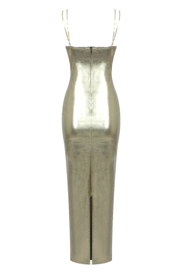 Sexy Metallic Cowl Sweetheart Neck Chain Strap Fitted Evening Maxi Dress - Gold