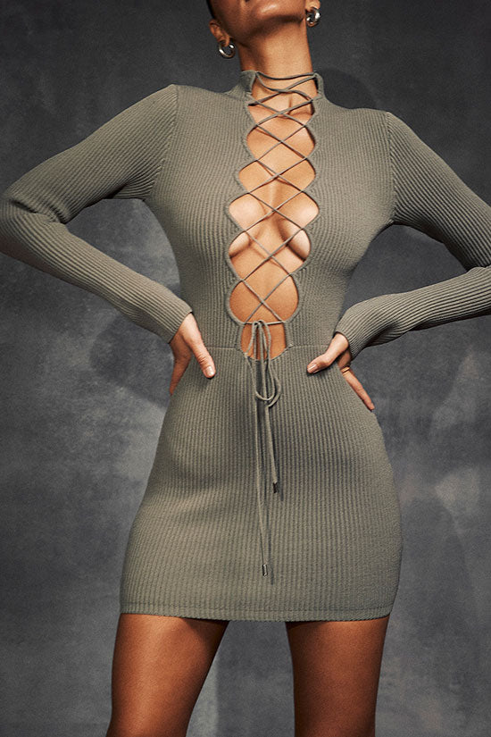 Ribbed Knit Mock Neck Long Sleeve Lace Up Bodycon Mini Dress - View 6