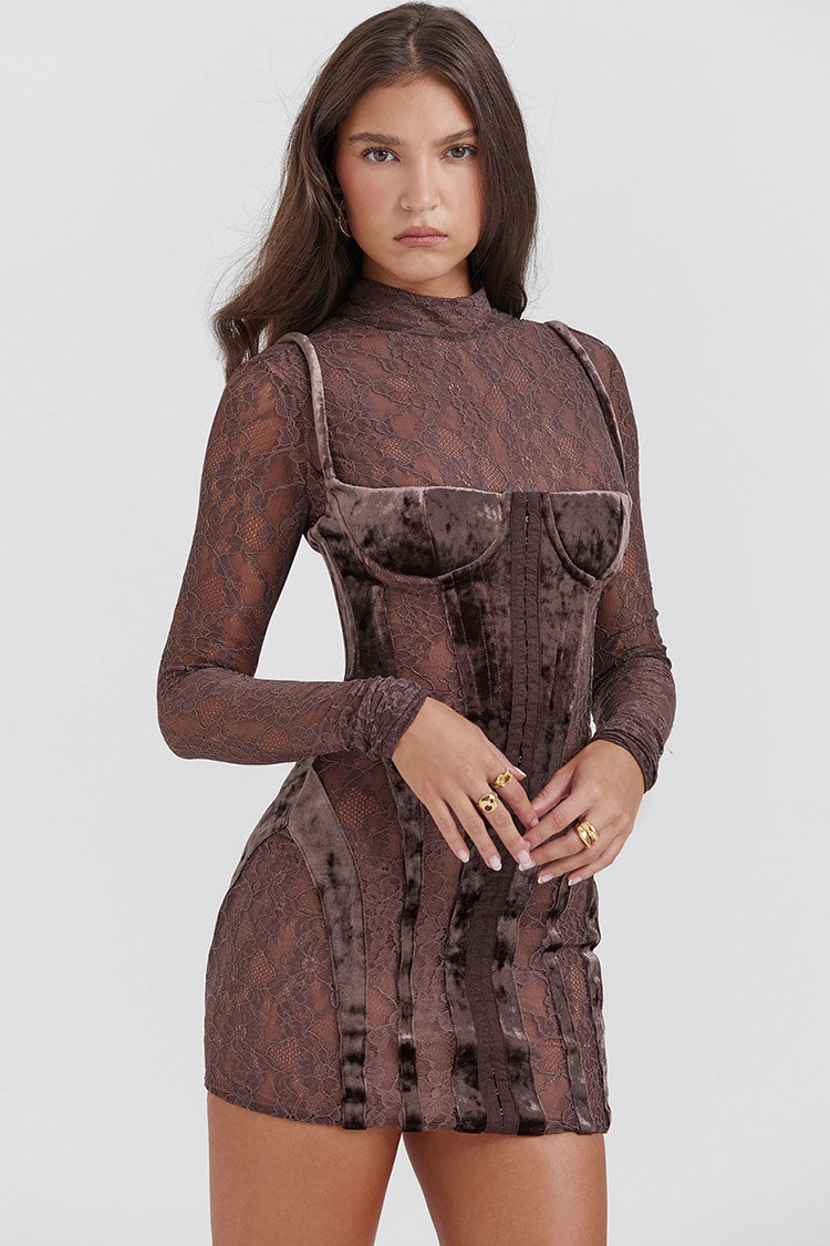 Velvet Mock Neck Long Sleeve Sheer Lace Corset Bodycon Mini Dress - View 2