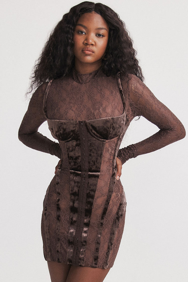 Velvet Mock Neck Long Sleeve Sheer Lace Corset Bodycon Mini Dress - View 5