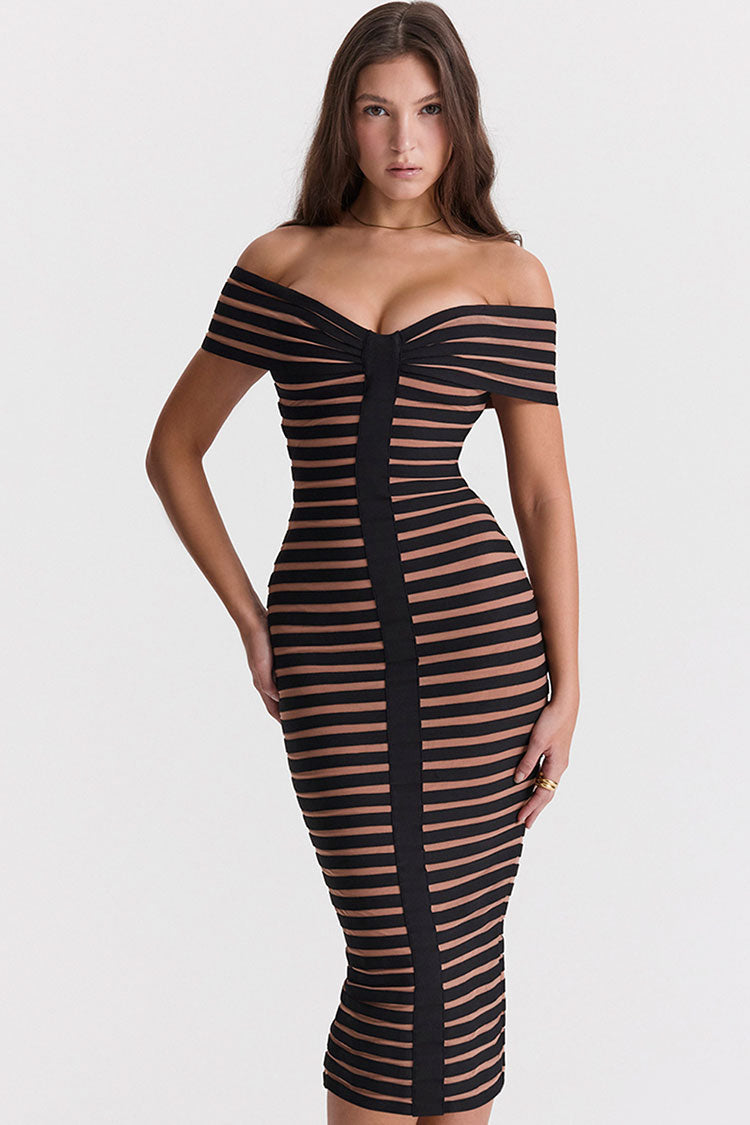 Off Shoulder Contrast Striped Cocktail Party Midi Dress - Black