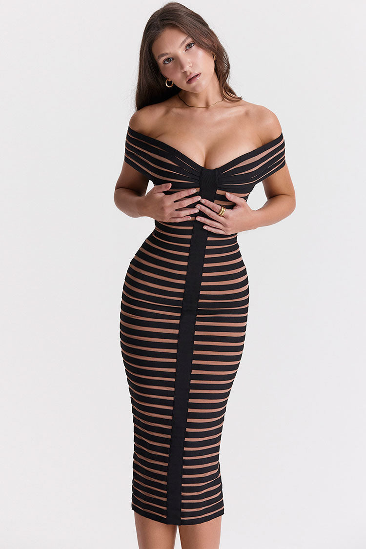 Off Shoulder Contrast Striped Cocktail Party Midi Dress - Black - View 2