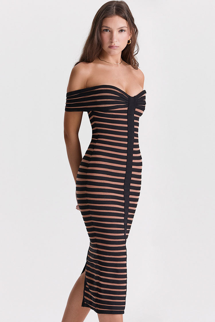 Off Shoulder Contrast Striped Cocktail Party Midi Dress - Black - View 4