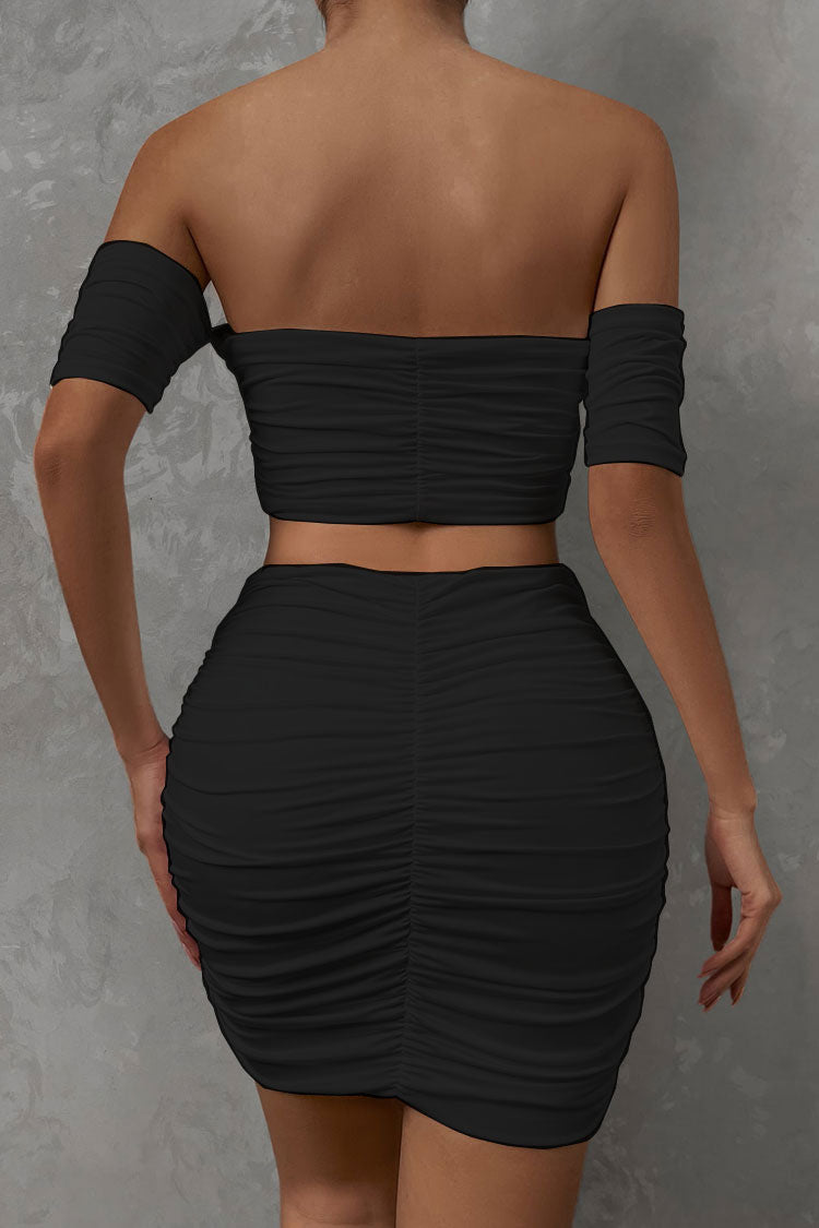 Sexy Off Shoulder Crop Top High Waist Ruched Two Piece Club Mini Dress - Black  Fashionpara