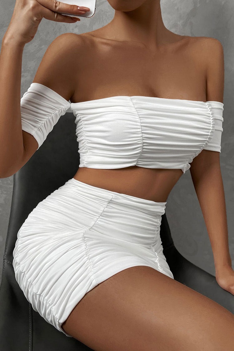 Sexy Off Shoulder Crop Top High Waist Ruched Two Piece Club Mini Dress - White  Fashionpara