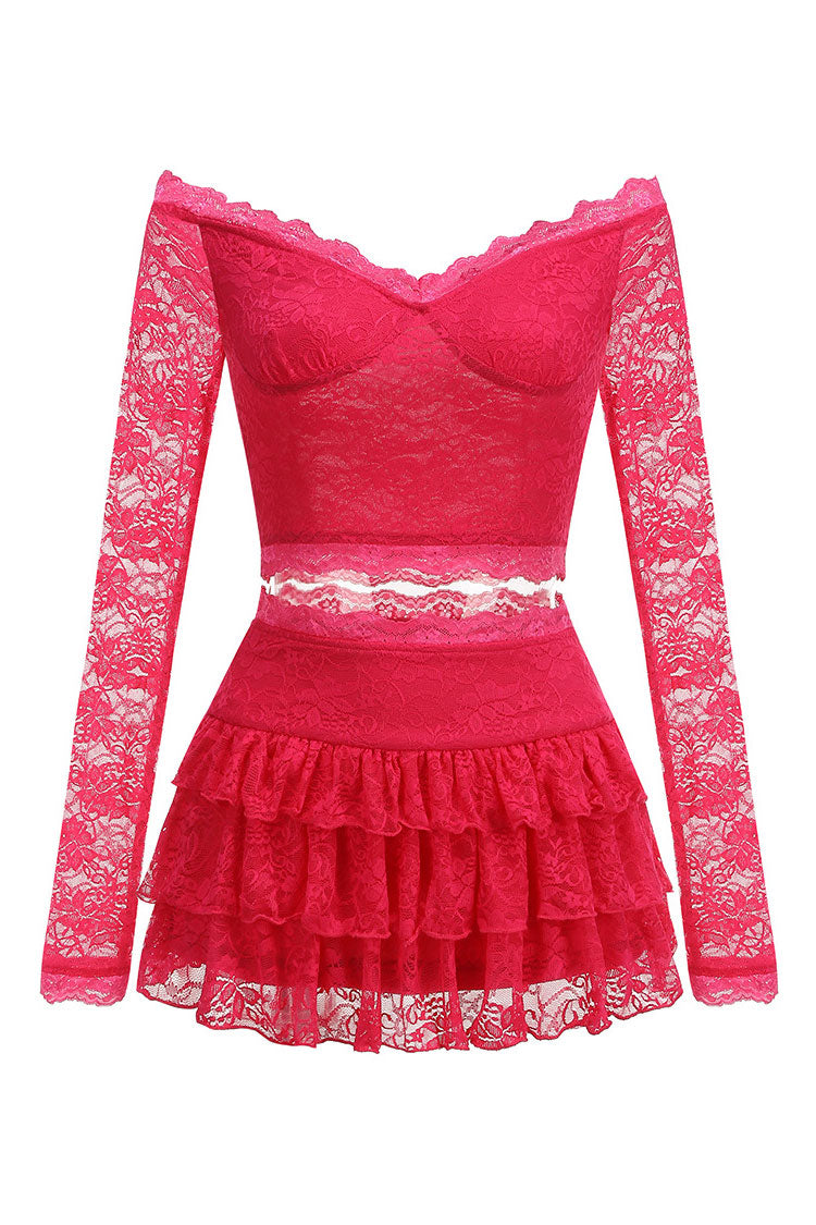 Sexy Off Shoulder Lace Crop Top Tiered Micro Miniskirt Two Piece Dress - Fashionpara