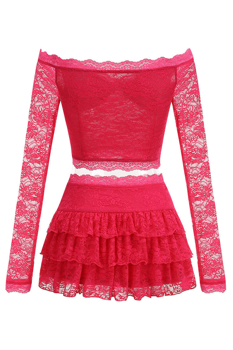 Sexy Off Shoulder Lace Crop Top Tiered Micro Miniskirt Two Piece Dress - Fashionpara
