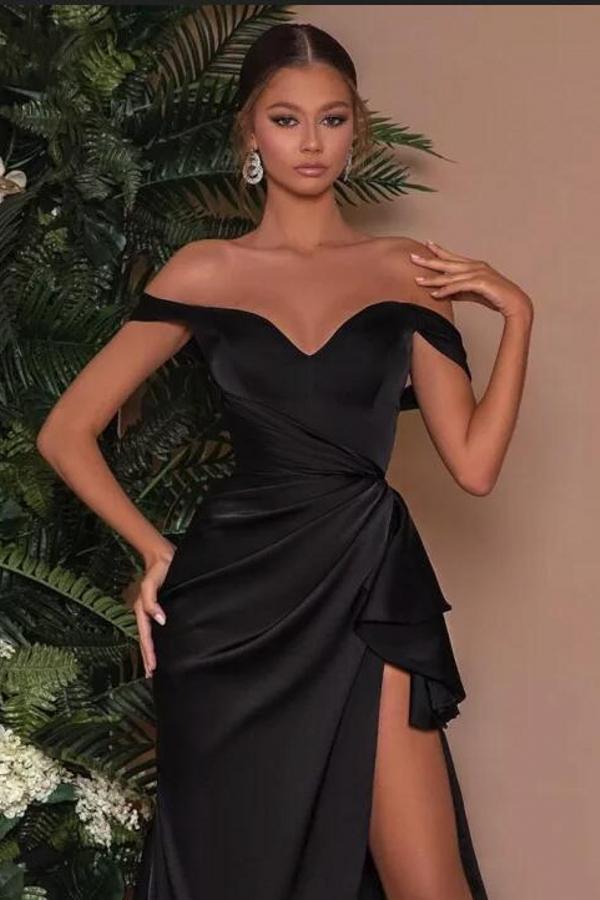Sexy Off-the-Shoulder Black Side Slit Evening Dress Satin Long Prom Dress - Fashionpara