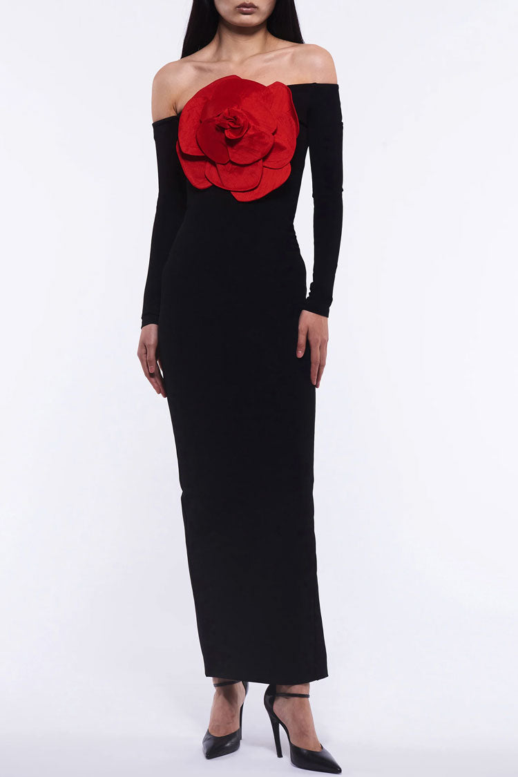 Sexy Off The Shoulder Red Rosette Applique Long Sleeve Evening Maxi Dress - Black  Fashionpara