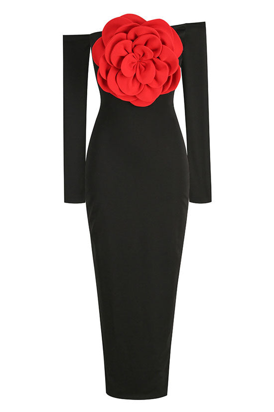 Sexy Off The Shoulder Red Rosette Applique Long Sleeve Evening Maxi Dress - Black  Fashionpara