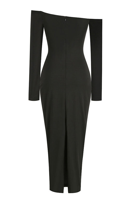 Sexy Off The Shoulder Red Rosette Applique Long Sleeve Evening Maxi Dress - Black  Fashionpara