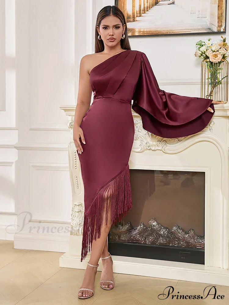 Sexy One Shoulder Tassel Design Diagonal Collar Asymmetric Fringe Christmas Party Dress