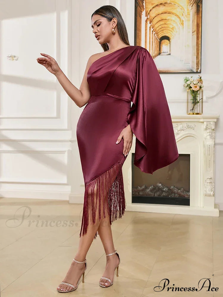Sexy One Shoulder Tassel Design Diagonal Collar Asymmetric Fringe Christmas Party Dress