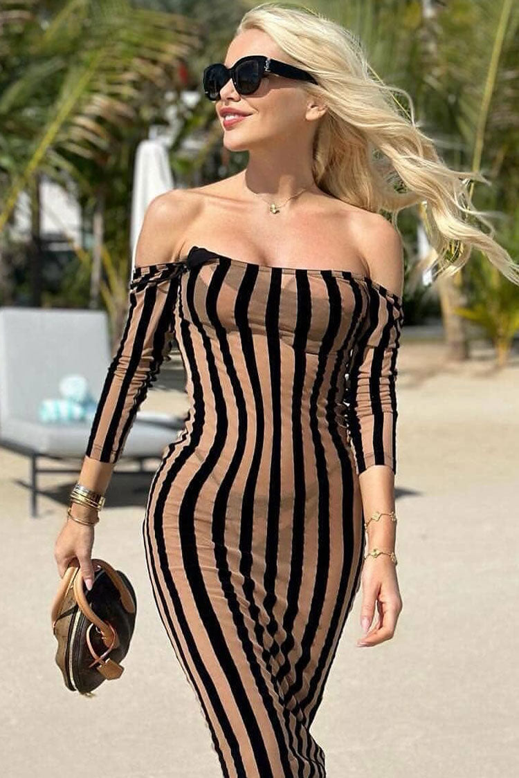 Sexy Open Back Striped Long Sleeve Split Sheer Mesh Midi Dress - Black - View 3