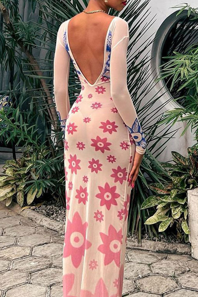 Print Long Sleeve Open Back Bodycon Maxi Dress - View 3