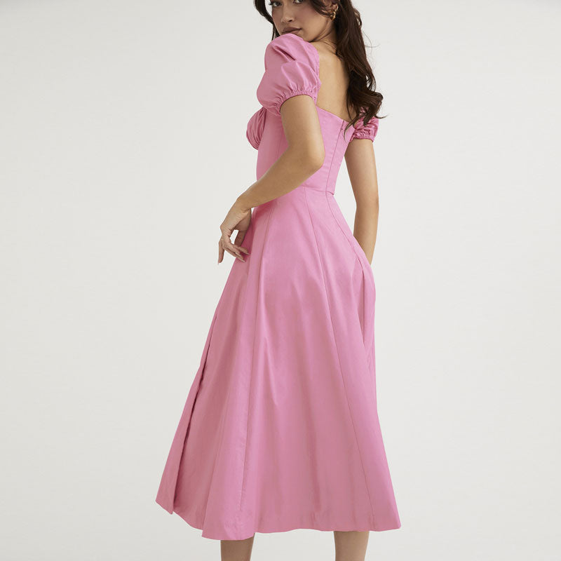 Puff Sleeve Tie Front Square Neck High-Slit Midi Dress 3