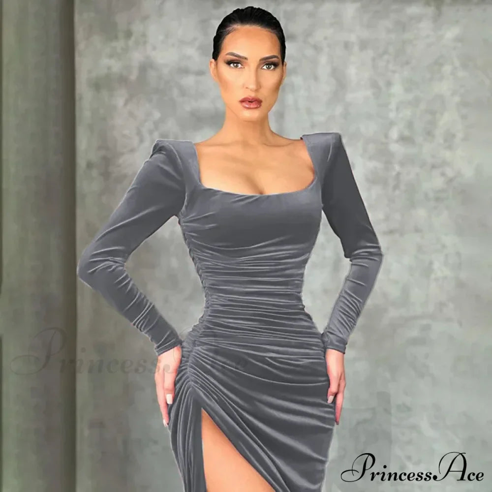 Sexy Red Velvet Elegant Midi Christmas Party Dress Dark Grey / S Dresses-L