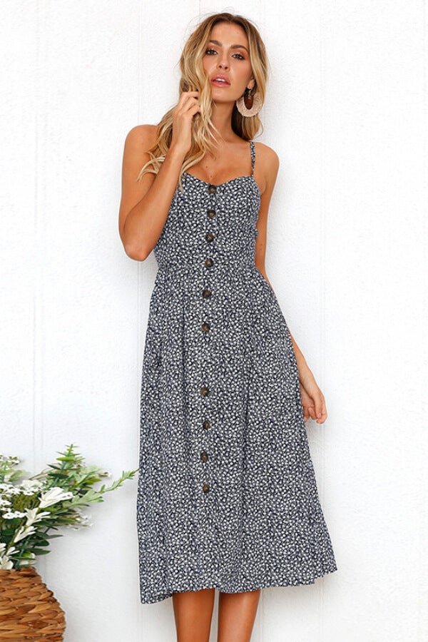 Sexy Regular Print Button Sling Dress  Fashionpara