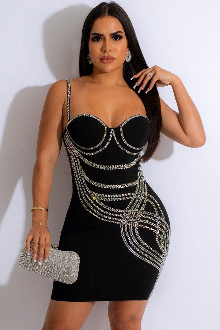 Rhinestone Sweetheart Spaghetti Strap Bodycon Party Mini Dress
