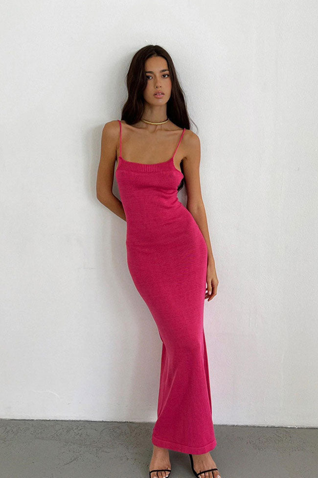 Rib Knit Scoop Neck Spaghetti Strap Bodycon Maxi Dress in Hot Pink