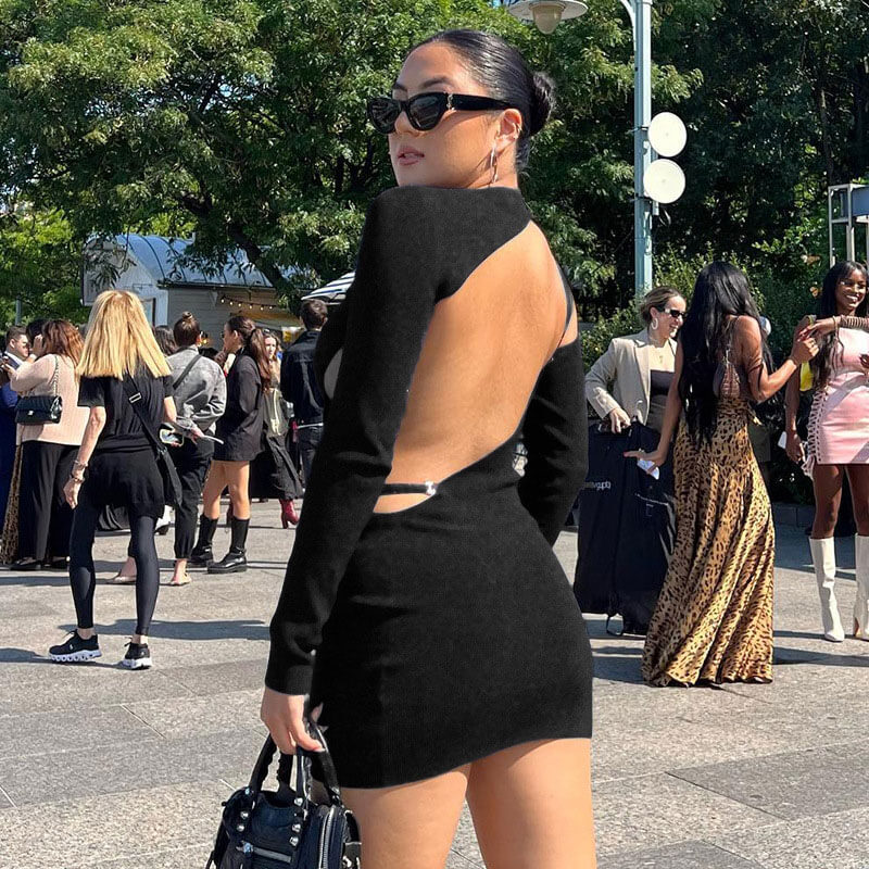 Ribbed Cut Out Long Sleeve Backless Bodycon Party Mini Dress - Black
