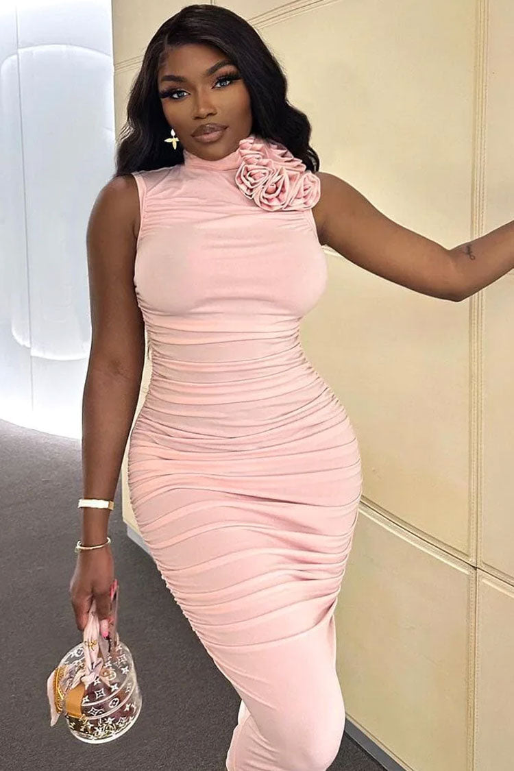 Sexy Rosette Corsage High Neck Sleeveless Ruched Cocktail Party Midi Dress - Pink  Fashionpara