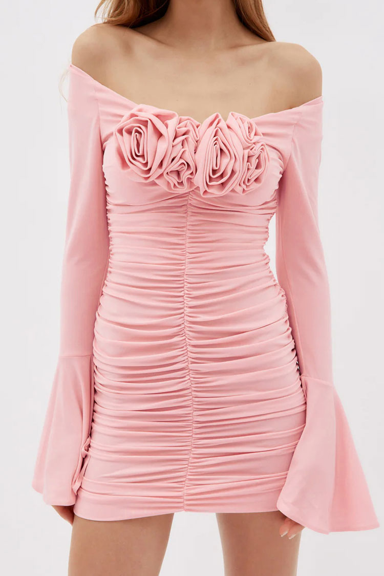 Sexy Rosette Corsage Off Shoulder Bell Sleeve Ruched Party Mini Dress - Pink  Fashionpara