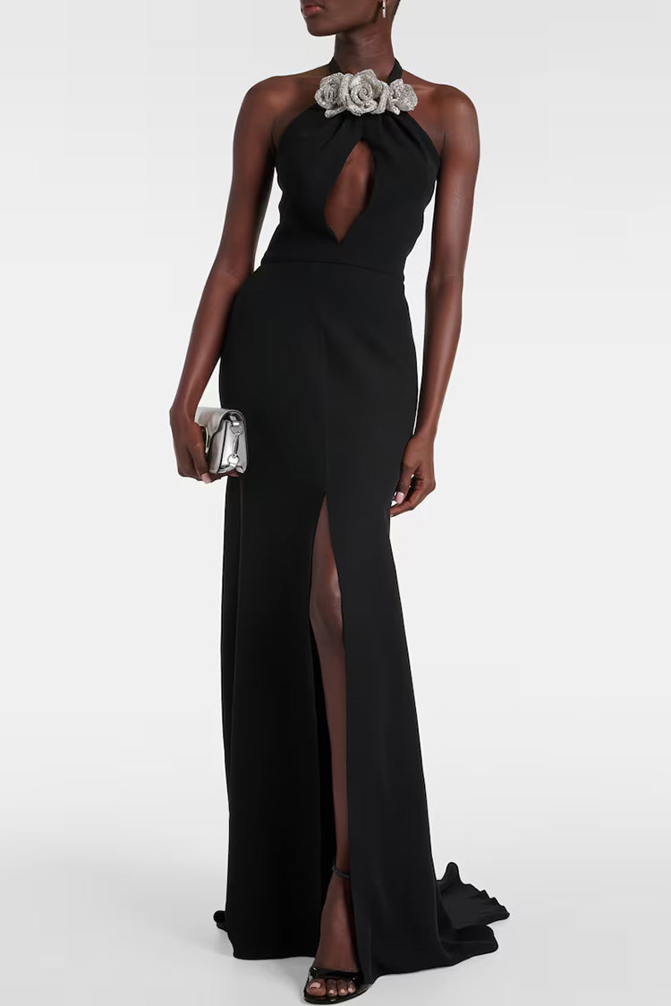 Sexy Rosette Glove Cutout Bow Tie Halter Split Mermaid Evening Maxi Dress - Fashionpara