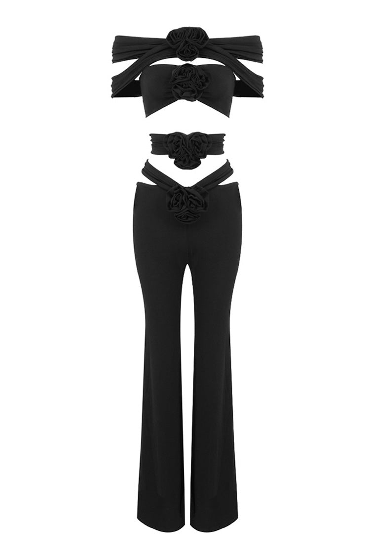 Sexy Rosette Ruched Cutout Off Shoulder Crop Two Piece Flared Pants Set - Fashionpara
