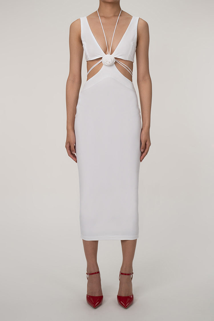 Sexy Rosette Trim Plunge Halter Cutout Sleeveless Cocktail Party Midi Dress - Fashionpara