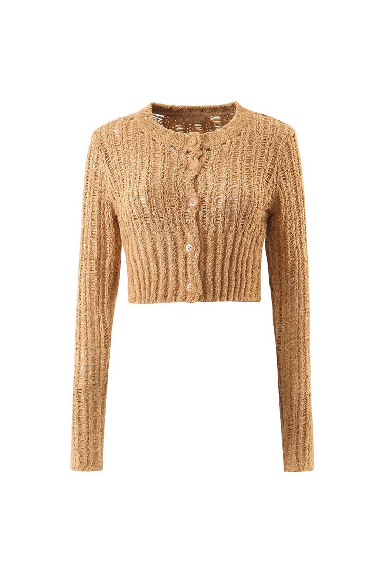 Sexy Round Neck Button Up Long Sleeve Ladder Knit Ribbed Crop Cardigan - Fashionpara