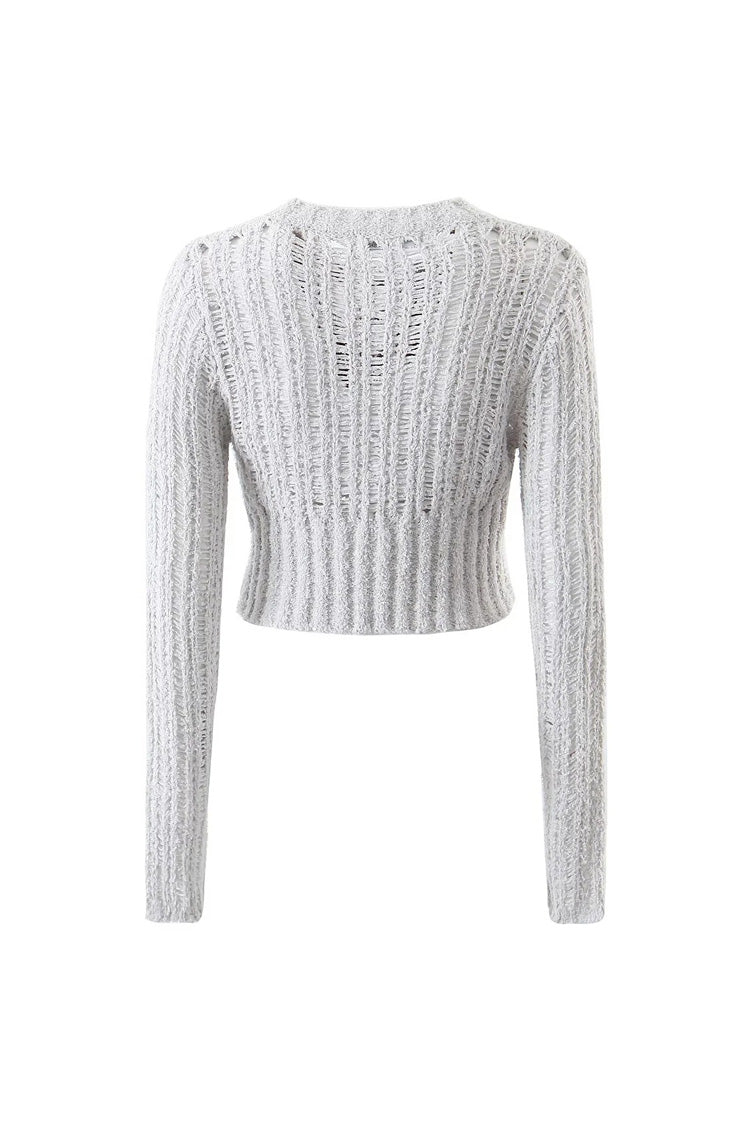 Sexy Round Neck Button Up Long Sleeve Ladder Knit Ribbed Crop Cardigan - Fashionpara