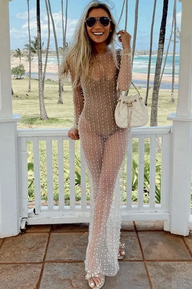 Round Neck Long Sleeve Faux Pearl Split Sheer Maxi Dress - Nude