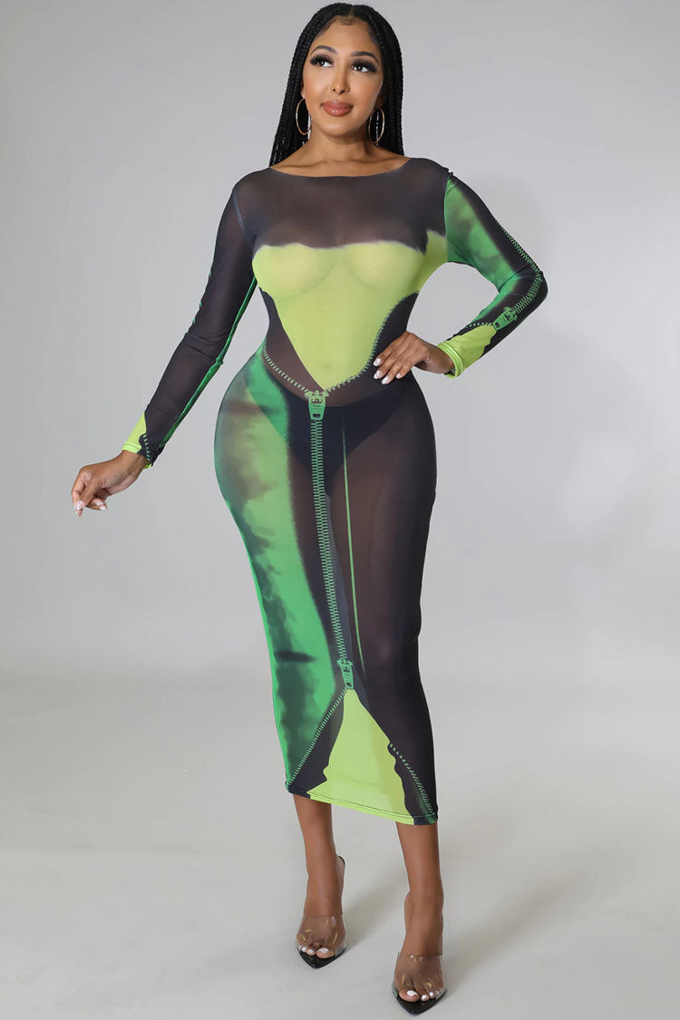 Round Neck Tie Dye Printed Long Sleeve Sheer Midi Dress - Green
