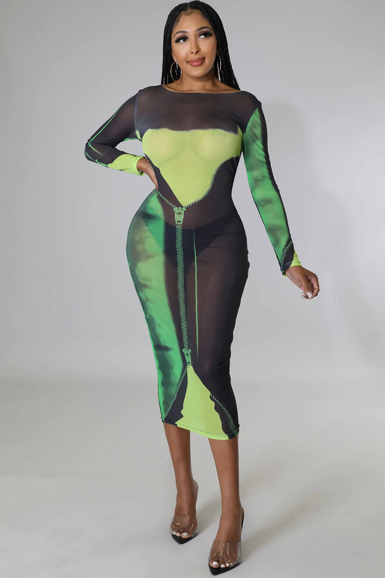 Sexy Round Neck Tie Dye Printed Long Sleeve Sheer Mesh Midi Dress - Green  Fashionpara