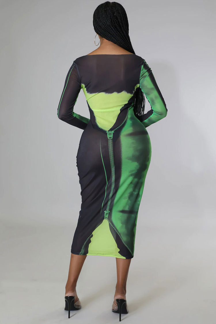 Sexy Round Neck Tie Dye Printed Long Sleeve Sheer Mesh Midi Dress - Green  Fashionpara