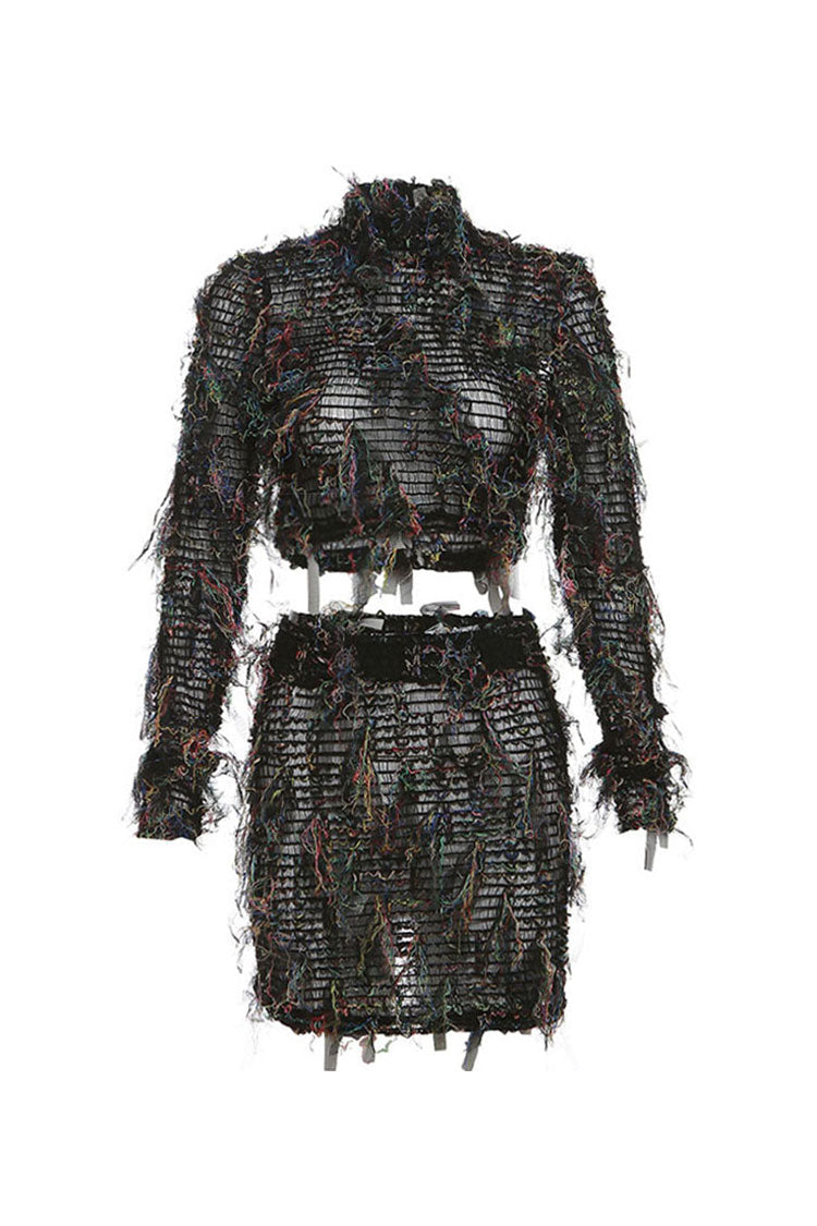 Sexy Ruffle Fringe Sheer Mesh Crop Top High Waist Two Piece Mini Dress - Fashionpara