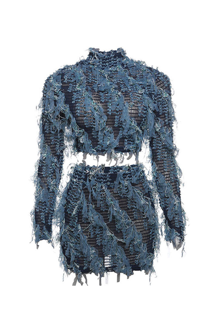 Sexy Ruffle Fringe Sheer Mesh Crop Top High Waist Two Piece Mini Dress - Fashionpara