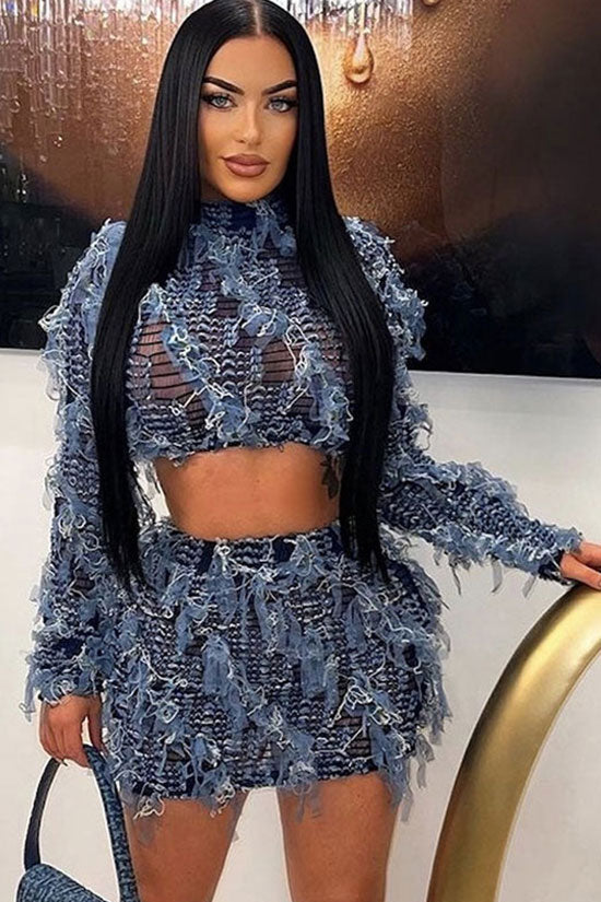 Sexy Ruffle Fringe Sheer Mesh Crop Top High Waist Two Piece Mini Dress - Fashionpara