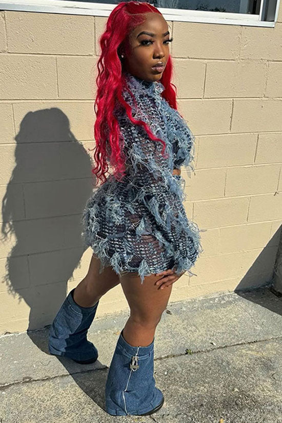 Sexy Ruffle Fringe Sheer Mesh Crop Top High Waist Two Piece Mini Dress - Fashionpara