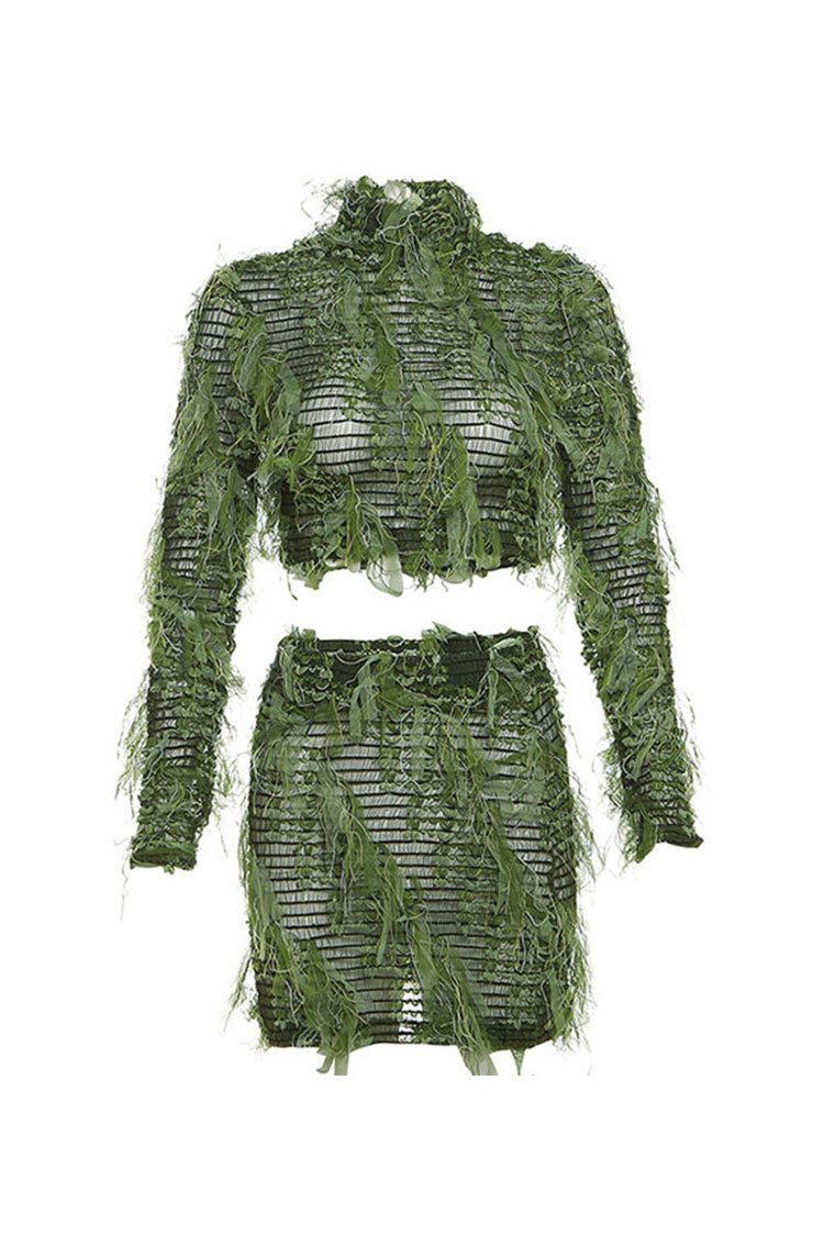 Sexy Ruffle Fringe Sheer Mesh Crop Top High Waist Two Piece Mini Dress - Fashionpara