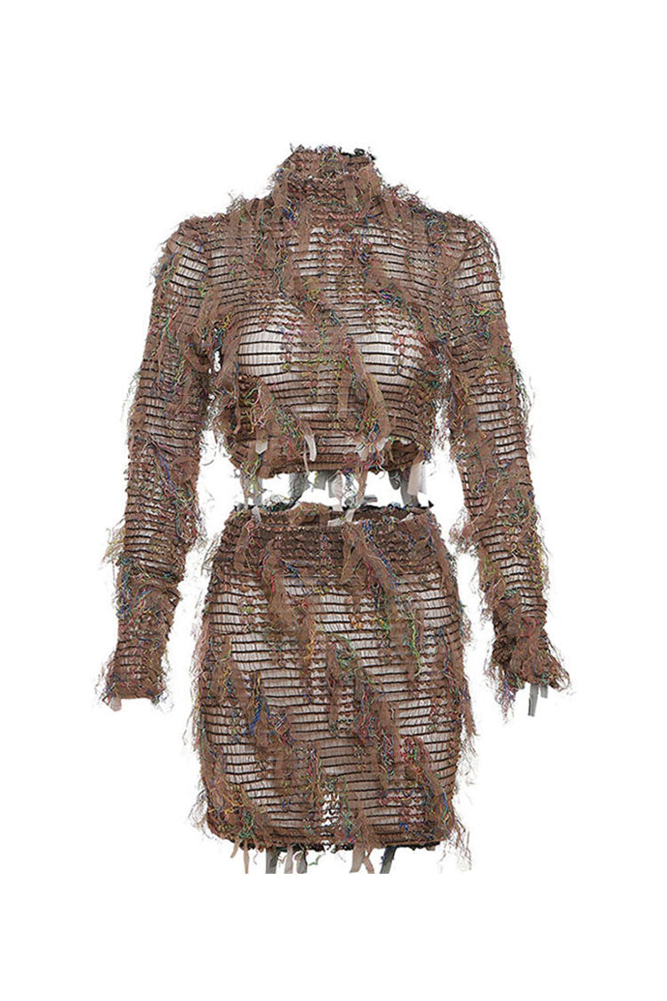 Sexy Ruffle Fringe Sheer Mesh Crop Top High Waist Two Piece Mini Dress - Fashionpara