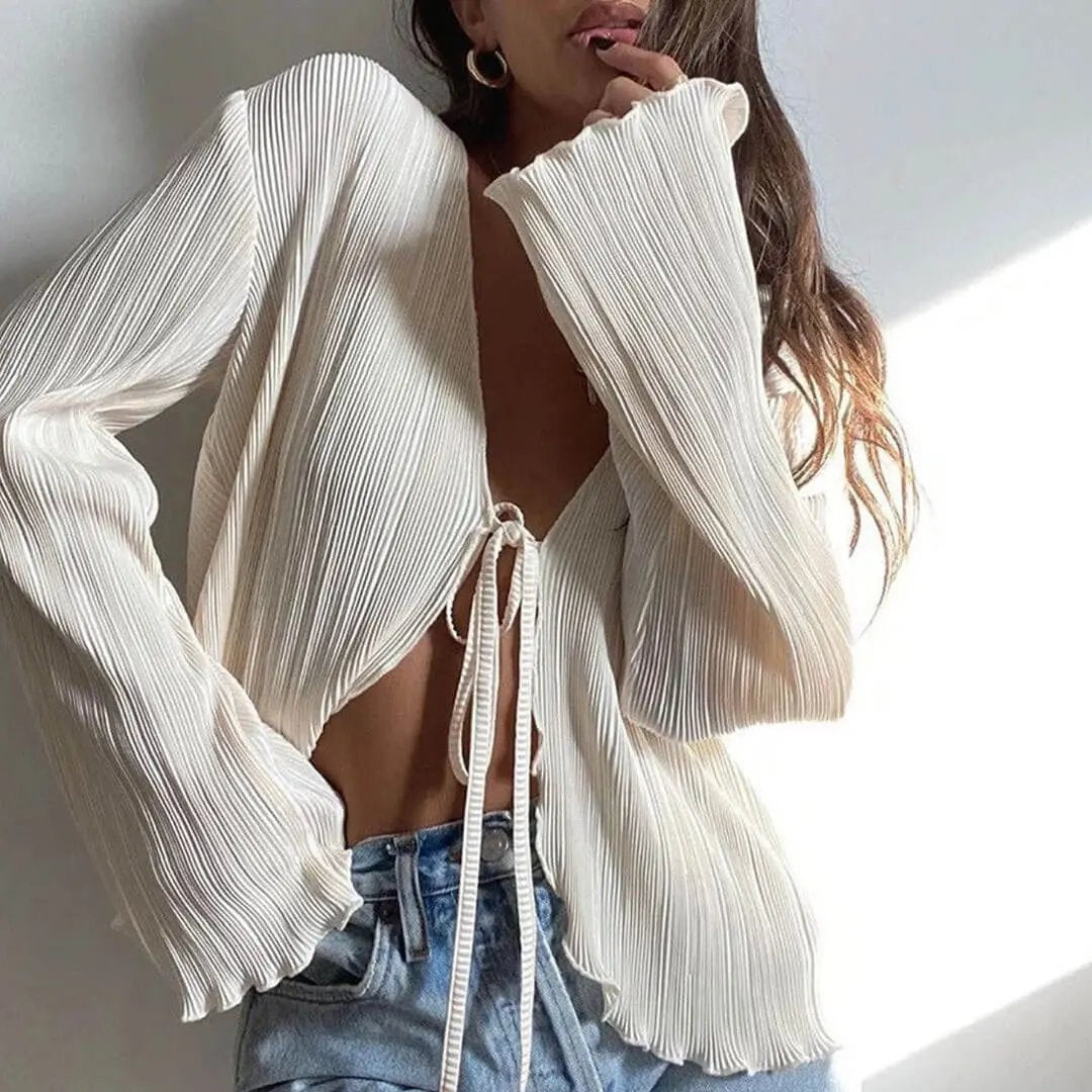 Sexy Ruffle Pleated Trim Bell Sleeve Tie Front Crop Top - Ivory White  Fashionpara