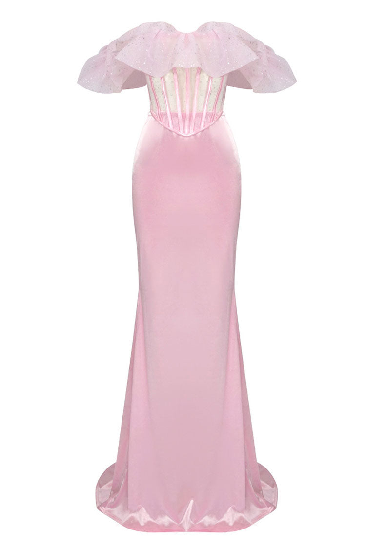 Sexy Ruffle Sheer Corset High Waist Satin Skirt Two Piece Maxi Dress - Pink  Fashionpara