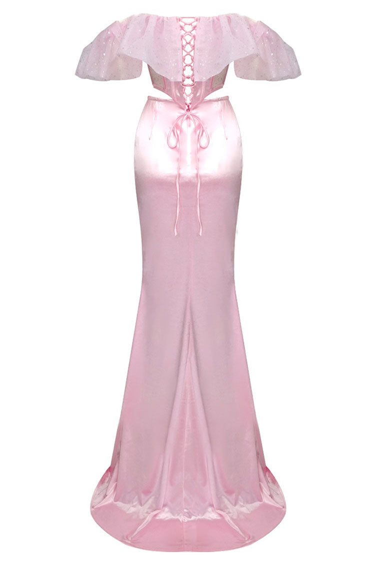 Sexy Ruffle Sheer Corset High Waist Satin Skirt Two Piece Maxi Dress - Pink  Fashionpara