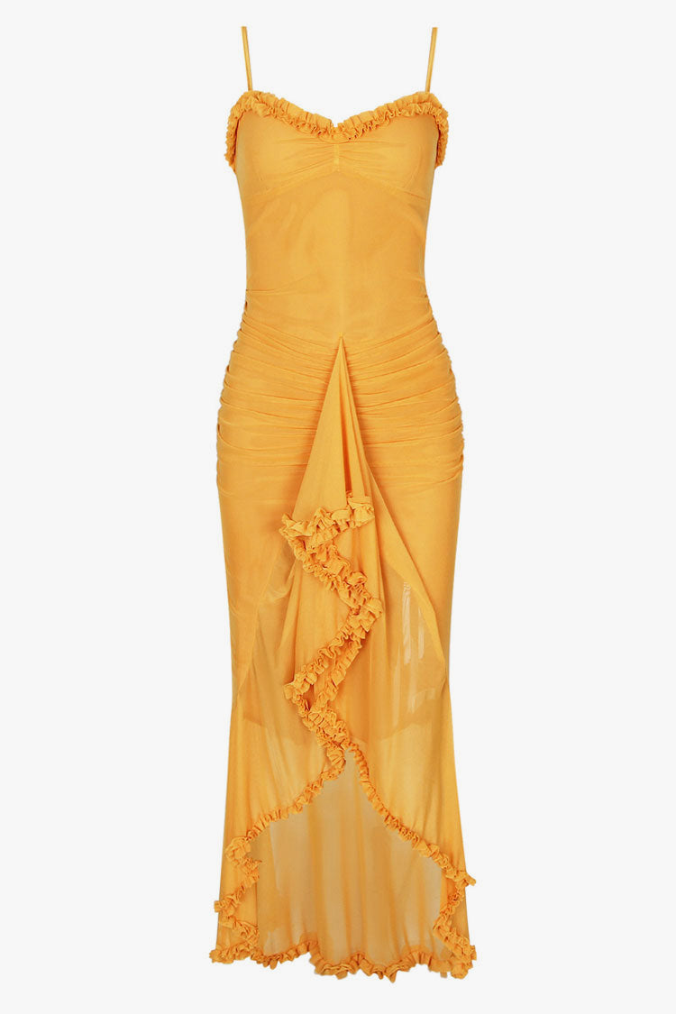 Sexy Ruffle Sweetheart Ruched Mesh High Low Fishtail Slip Evening Dress - Fashionpara